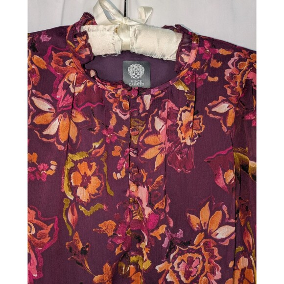 Vince Camuto Dress 2 Women's Purple Floral Chiffon Fit & Flare Tie Belt Buttons - Picture 3 of 7